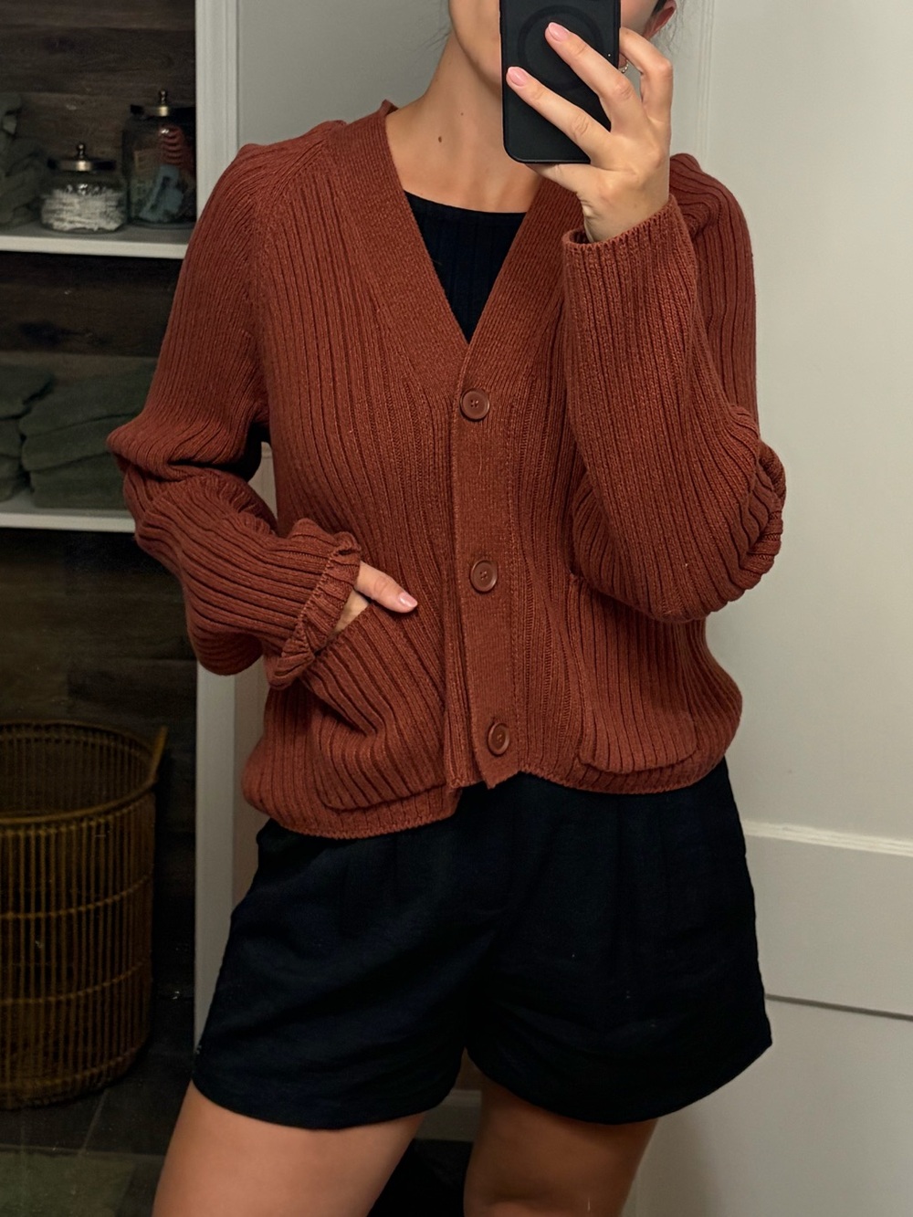 GAP Ribbed Button-Up Cardigan in Rust Brown